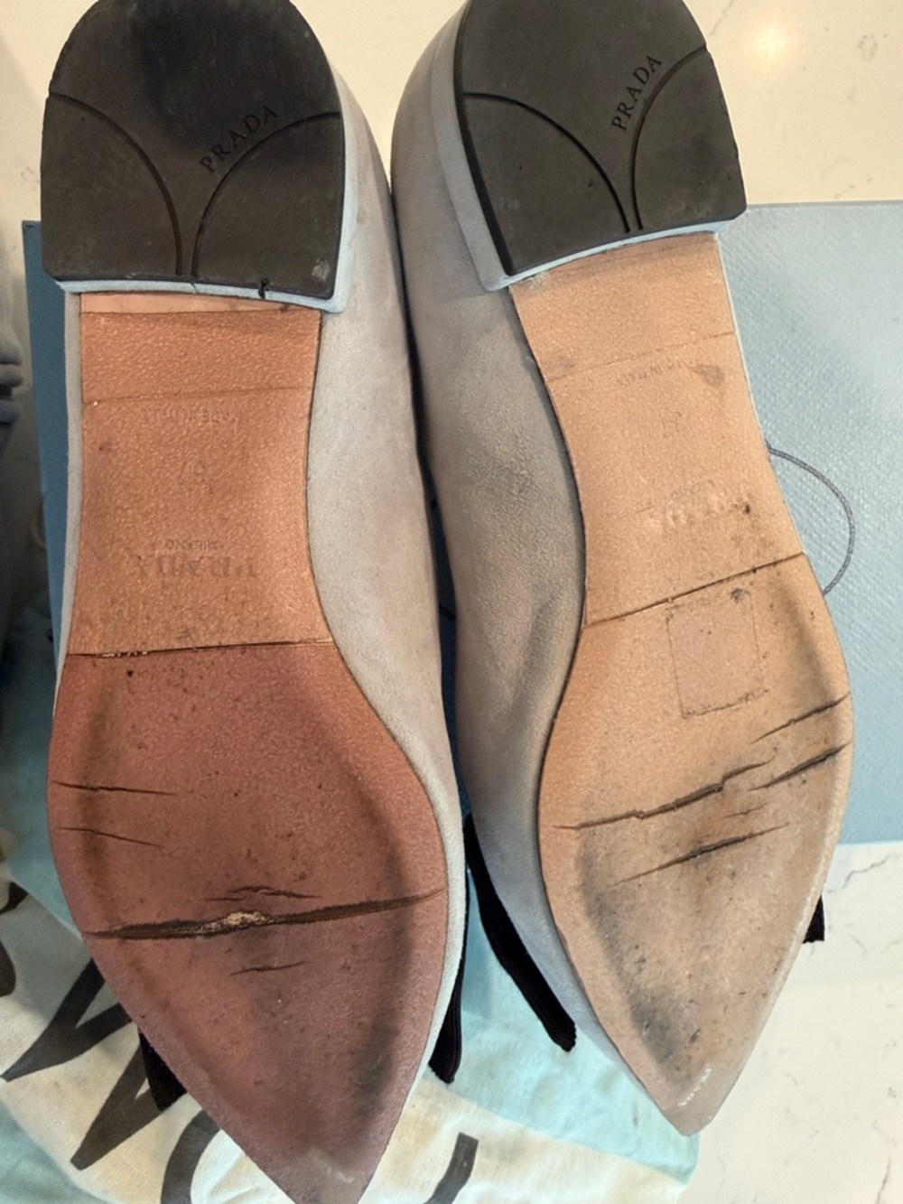 Prada Two-Tone Pointed Bow Suede Flats in Light Gray and Black - Picture 4 of 4
